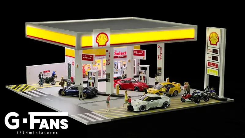1:64 Shell Petrol Gas Fuel Station Diorama Display With Leds -- G-Fans 710035 1