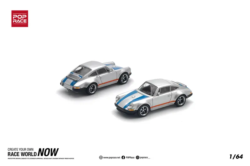 1:64 Singer 964 "Porsche 911" -- Silver W/Blue/Orange Stripes -- Pop Race 1