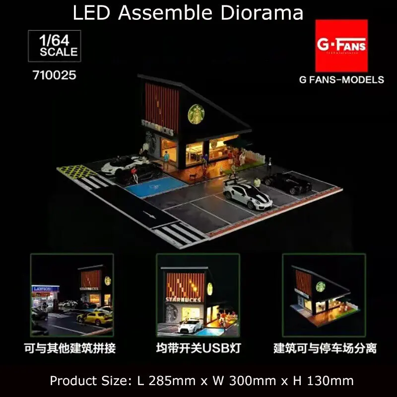 1:64 Starbucks W/Parking Lot Diorama Display With Leds -- G-Fans 710025 1