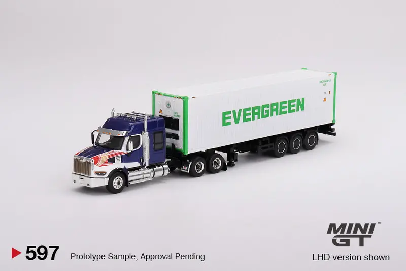 1:64 Western Star 49X Blue W/ 40' Reefer Container "Evergreen" -- Mini Gt Truck 1