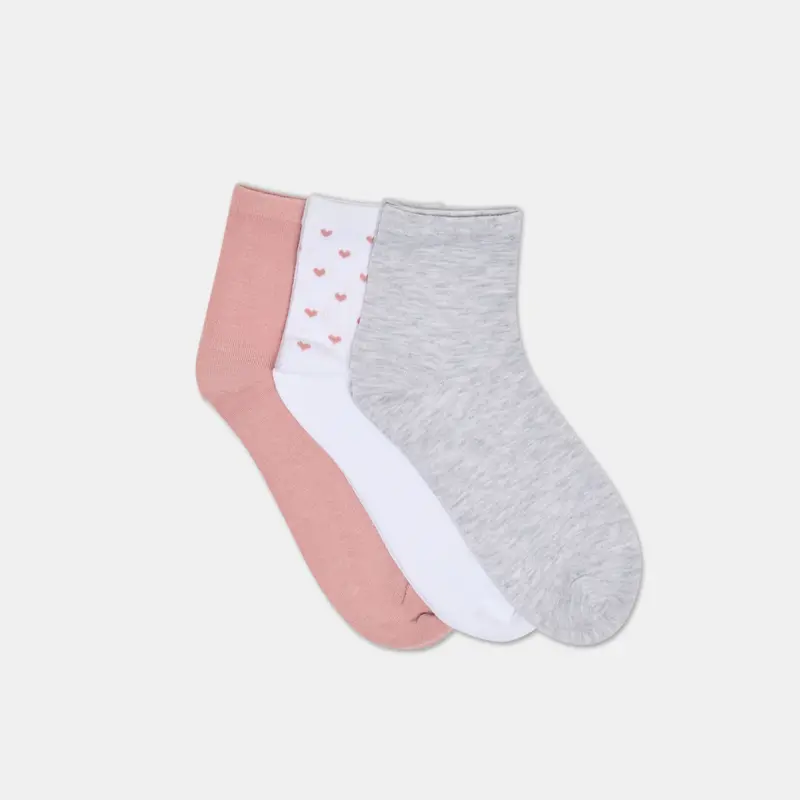 3 Pack Sweet Heart Anklet Socks White Pink 1