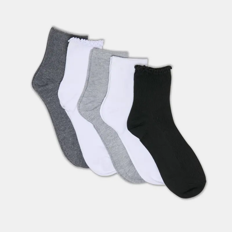 5 Pack Lettuce Edge Anklet Socks White Grey 1