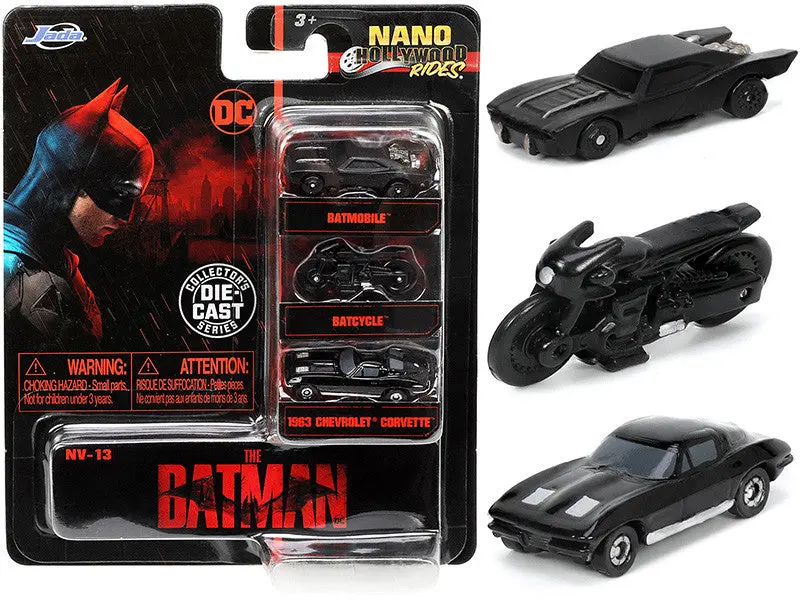 Batman -- Jada Nano Set -- Batcycle, 2022 Batmobile, 1963 Chevrolet Corvette 1