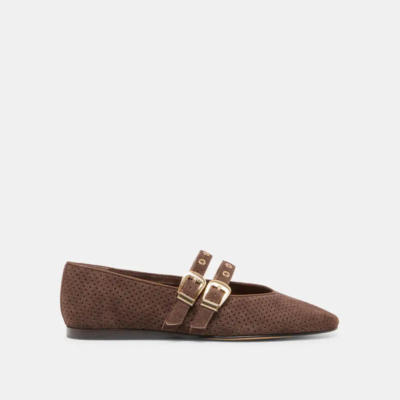 Baylee Grommet Ballet Flats Dk Brown Perforated Suede 1