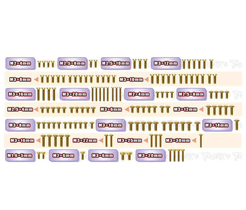 Gss-Tlr22x   Gold Plated Steel Screw Set 126Pcs. ( For Tlr 22X Ac/Dc ) 1