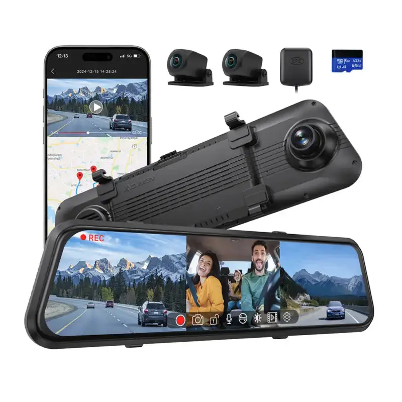 M4 3Ch Mirror Dash Cam With 1080P 60Fps Front+Rear+Bumper/Cabin Cameras, 12"Ips Touchscreen 1