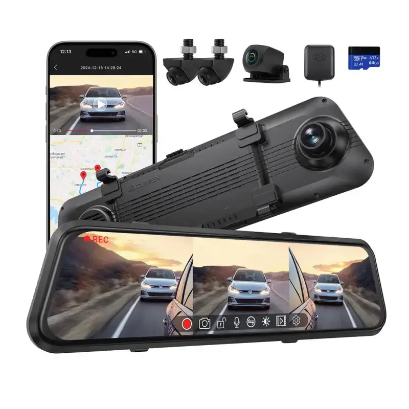 M4 Quad Mirror Dash Cam With 1080P Front+Rear+Left/Right Side Cameras, 12"Ips Touchscreen 1