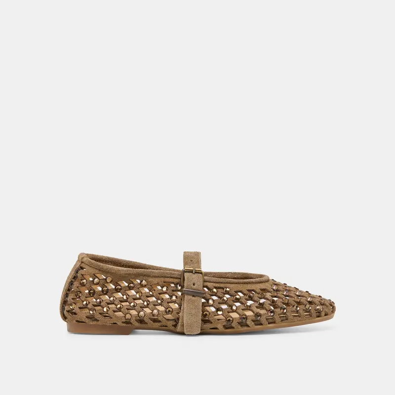 Mavin Rhinestone Ballet Flats Taupe Suede 1