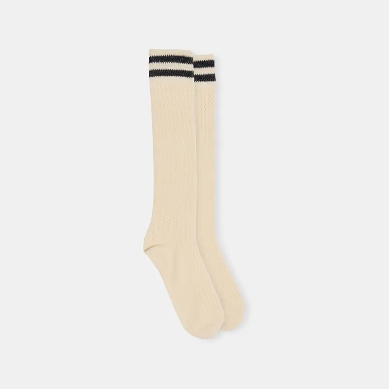 Pointelle Striped Knee High Socks Black White 1