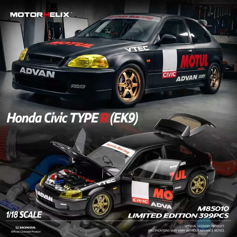(Pre-Order) 1:18 Honda Civic Type R (Ek9) -- Motul Matte Black -- Motorhelix M85010 1