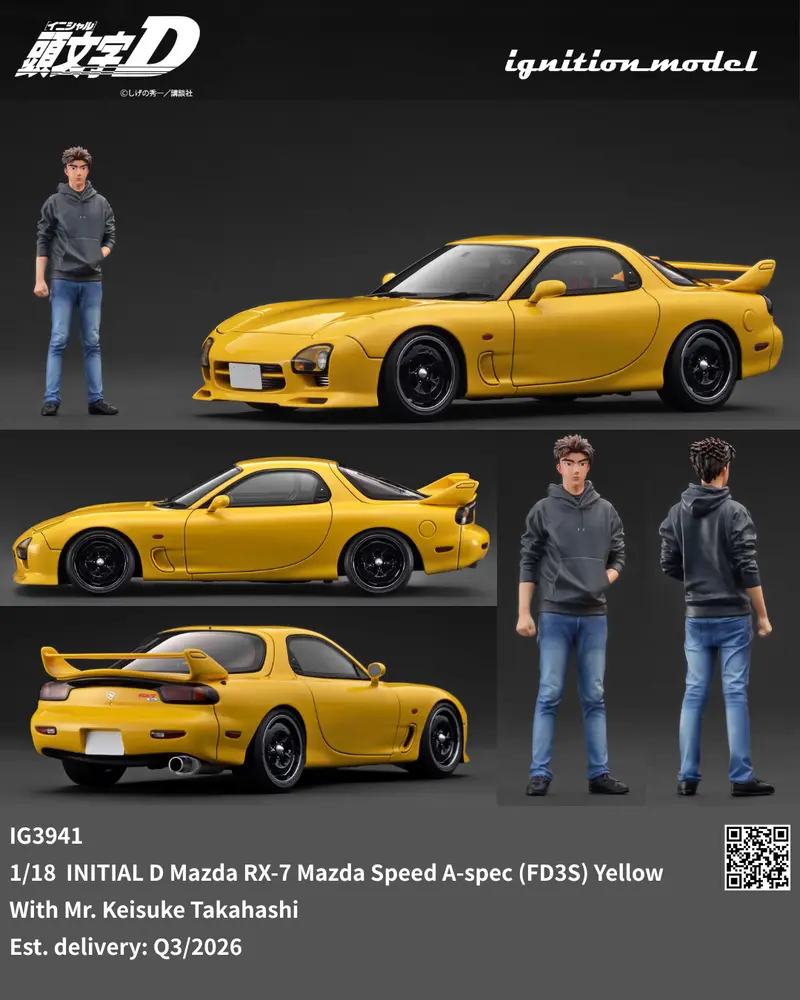 (Pre-Order) 1:18 Initial D -- Mazda Rx-7 (Fd3s) Yellow W/Mr. Keisuke Takahashi -- Ignition Model Ig3941 1
