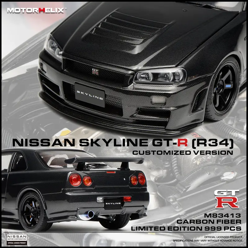 (Pre-Order) 1:18 Nissan R34 Skyline Gtr -- Full Carbon Fibre -- Motorhelix 1