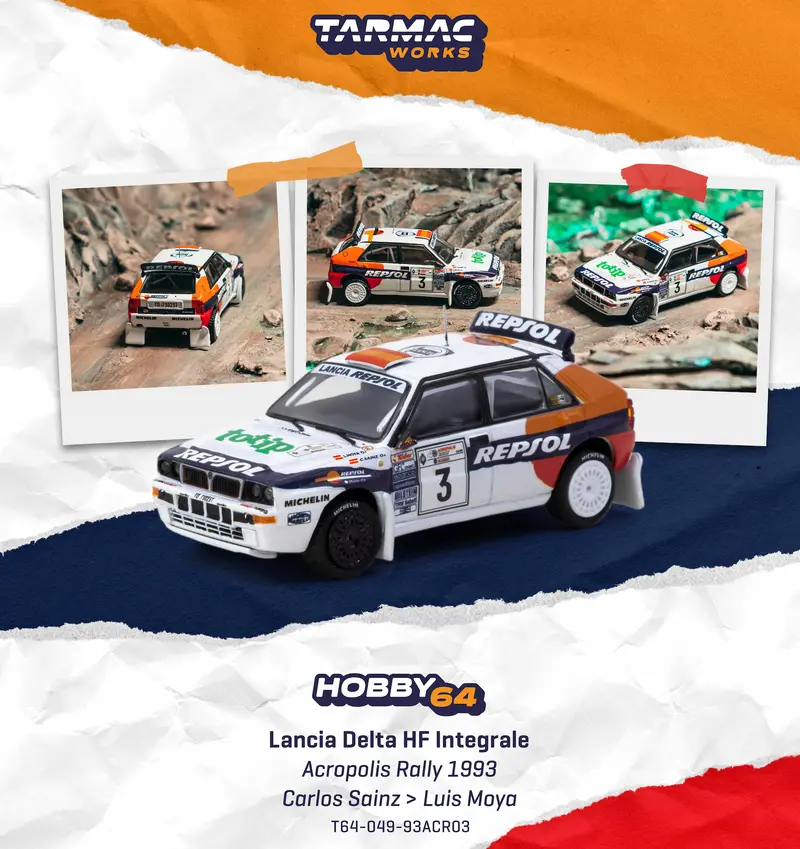 (Pre-Order) 1:64 1993 Acropolis Rally - Carlos Sainz -- #3 Lancia Delta Hf Integrale -- Tarmac Works 1
