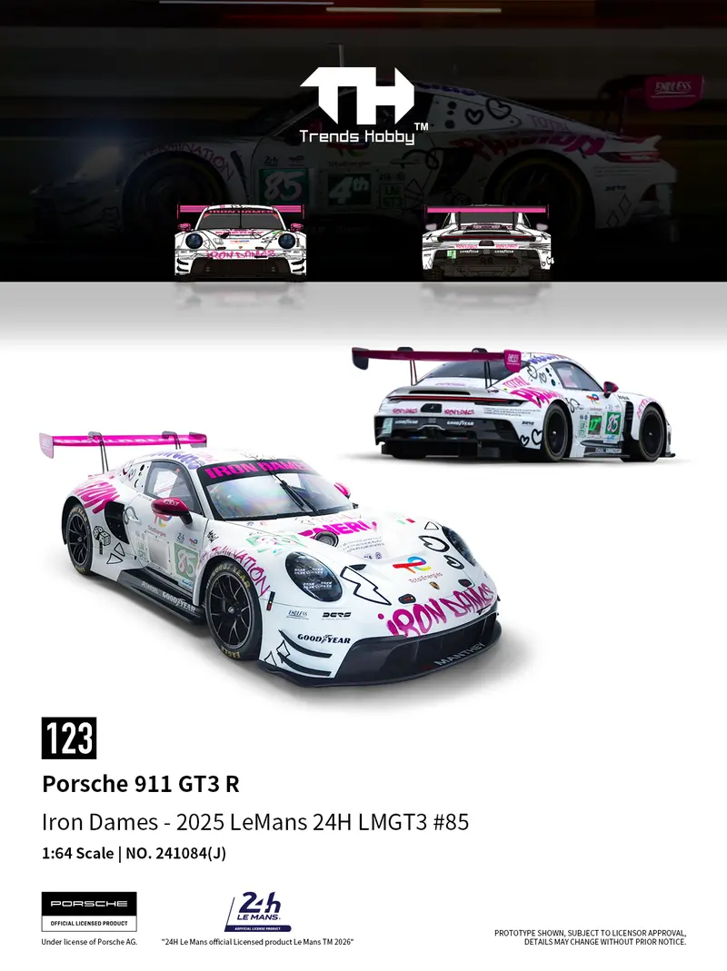 (Pre-Order) 1:64 2025 24H Lemans -- #85 Iron Dames Porsche 911 Gt3 R -- Trends Hobby 1