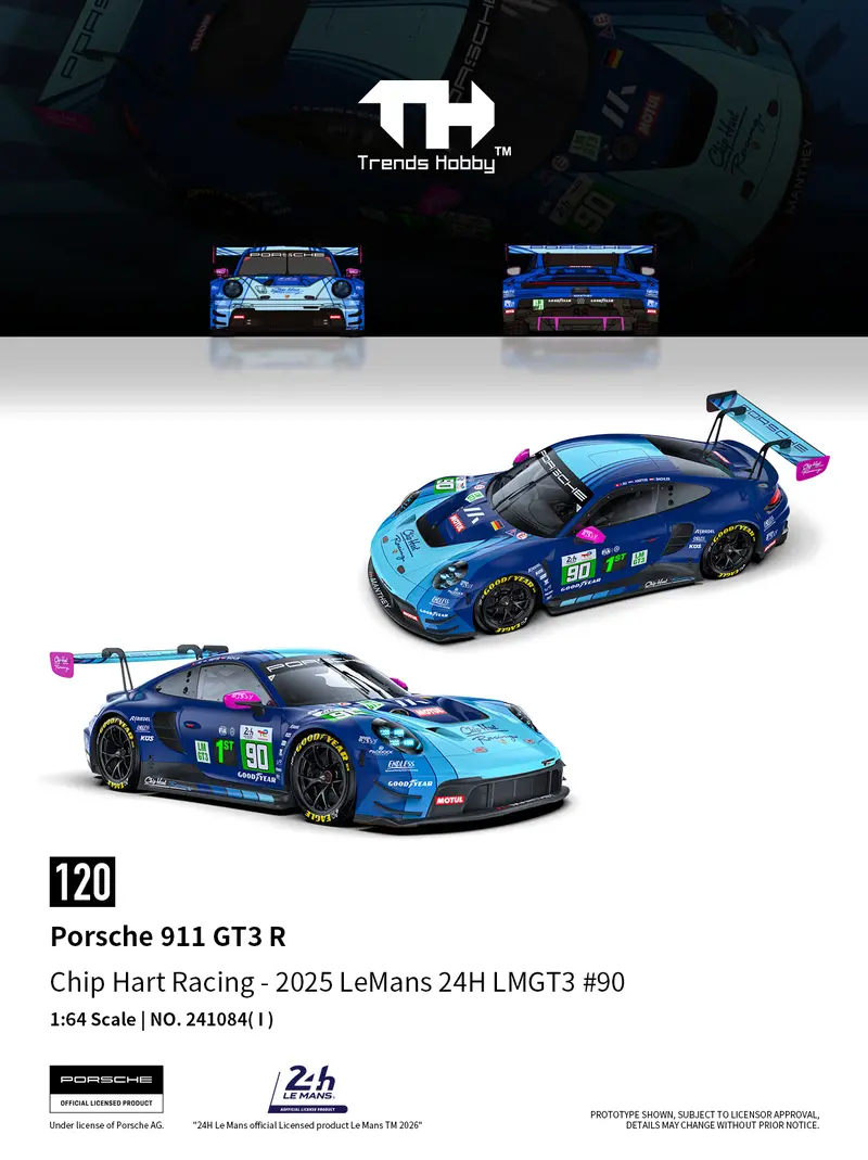 (Pre-Order) 1:64 2025 24H Lemans -- #90 Manthey Porsche 911 Gt3 R -- Trends Hobby 1