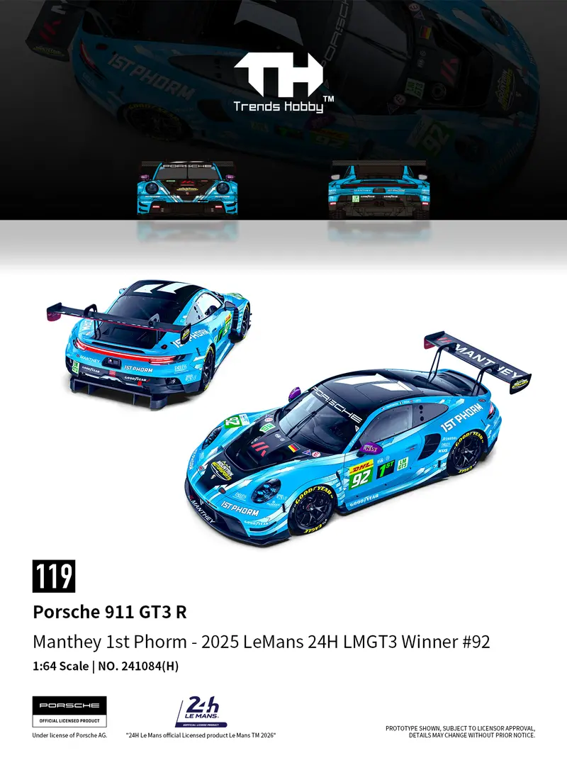 (Pre-Order) 1:64 2025 24H Lemans Lmgt3 Winner -- #92 Manthey Porsche 911 Gt3 R -- Trends Hobby 1