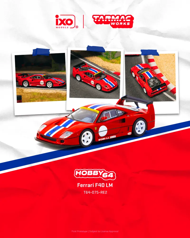 (Pre-Order) 1:64 Ferrari F40 Lm -- Red W/Blue & White Stripe -- Tarmac Works X Ixo 1