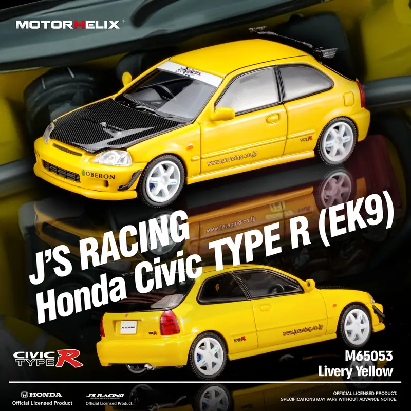 (Pre-Order) 1:64 Honda Civic Type R Ek9 J’S Racing -- Yellow -- Motorhelix 1