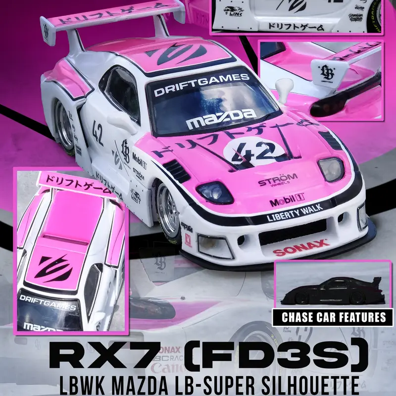 (Pre-Order) 1:64 Mazda Rx-7 Lb-Super Silhouette -- #42 Pink/White Drift Games 2025 -- Inno64 1