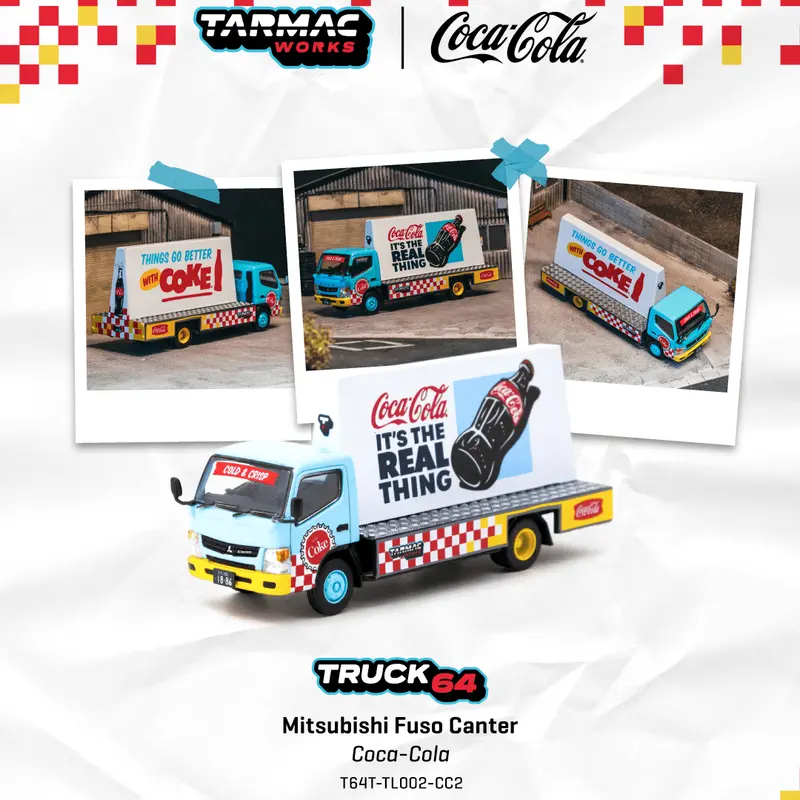 (Pre-Order) 1:64 Mitsubishi Fuso Canter Truck -- Coca-Cola Blue/Yellow -- Tarmac Works 1