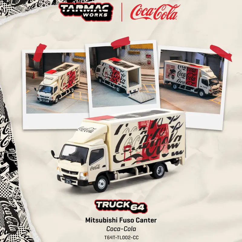 (Pre-Order) 1:64 Mitsubishi Fuso Canter Truck -- Coca-Cola Cream/Red -- Tarmac Works 1