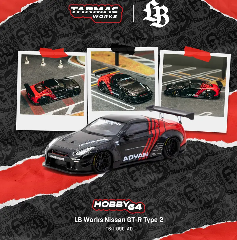 (Pre-Order) 1:64 Nissan Gt-R R35 Lb-Works Type 2 -- Advan Red/Black -- Tarmac Works 1