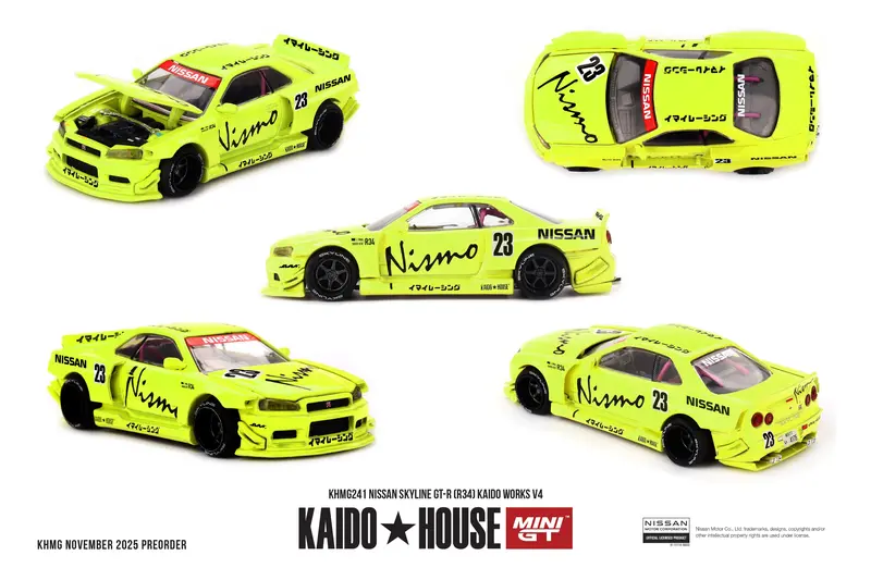 (Pre-Order) 1:64 Nissan Skyline R34 Gtr Kaido Works V4 - Neon Yellow -- Kaido House X Mini Gt Khmg241 1