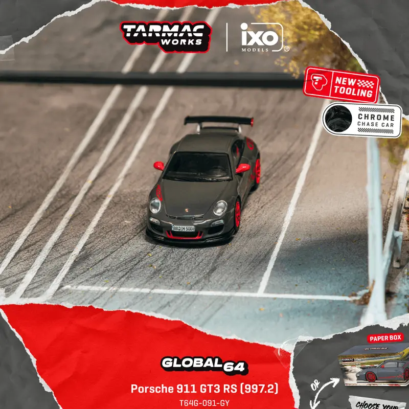 (Pre-Order) 1:64 Porsche 911 (997.2) Gt3 Rs -- Grey/Red -- Tarmac Works X Ixo 1