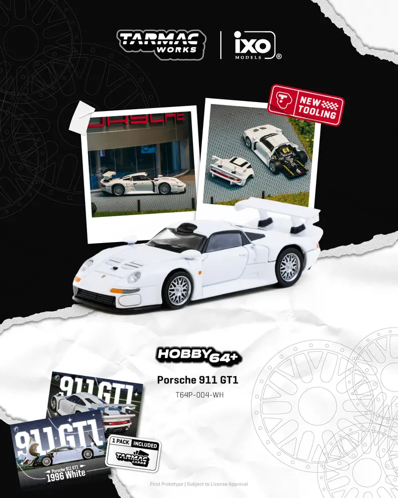 (Pre-Order) 1:64 Porsche 911 Gt1 -- White -- Tarmac Works X Tarmac Cards 1