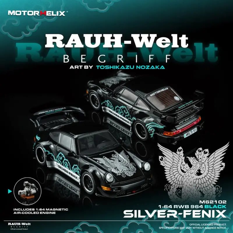 (Pre-Order) 1:64 Rwb 964 (Porsche 911) -- "Silver-Fenix" Black W/Engine -- Motorhelix 1