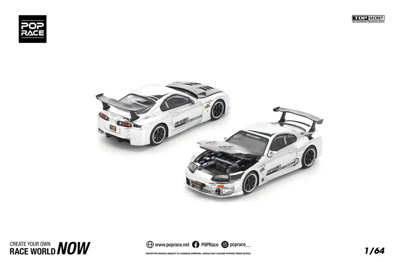 (Pre-Order) 1:64 Toyota Supra (A80) Top Secret Gt300 -- Chrome Silver -- Pop Race 1