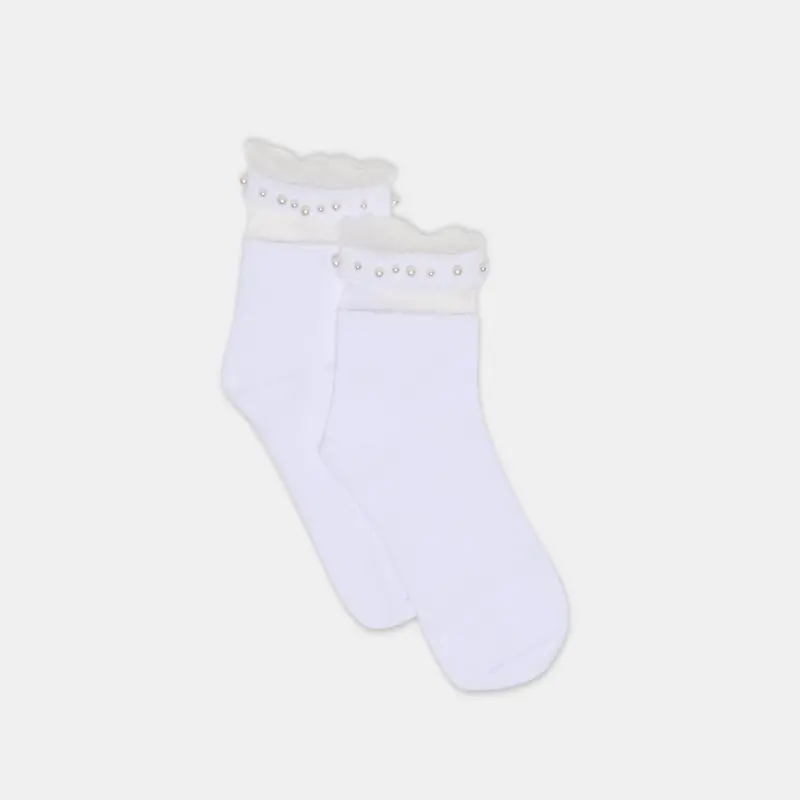 Sheer Ruffle Pearl Anklet Socks White 1