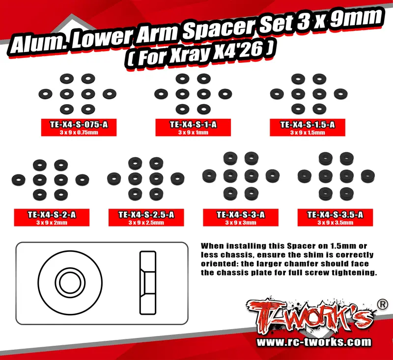 Te-X4-S-A	Alum. Lower Arm Spacer Set 3 X 9Mm ( For Xray X4'26 )0.75/1/1.5/2/2.5/3/3.5 Each 8Pcs. 1