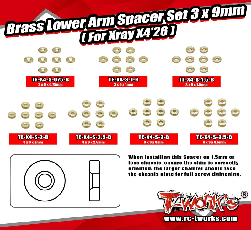 Te-X4-S-B	Brass Lower Arm Spacer Set 3 X 9Mm ( For Xray X4'26 )0.75/1/1.5/2/2.5/3/3.5 Each 8Pcs. 1