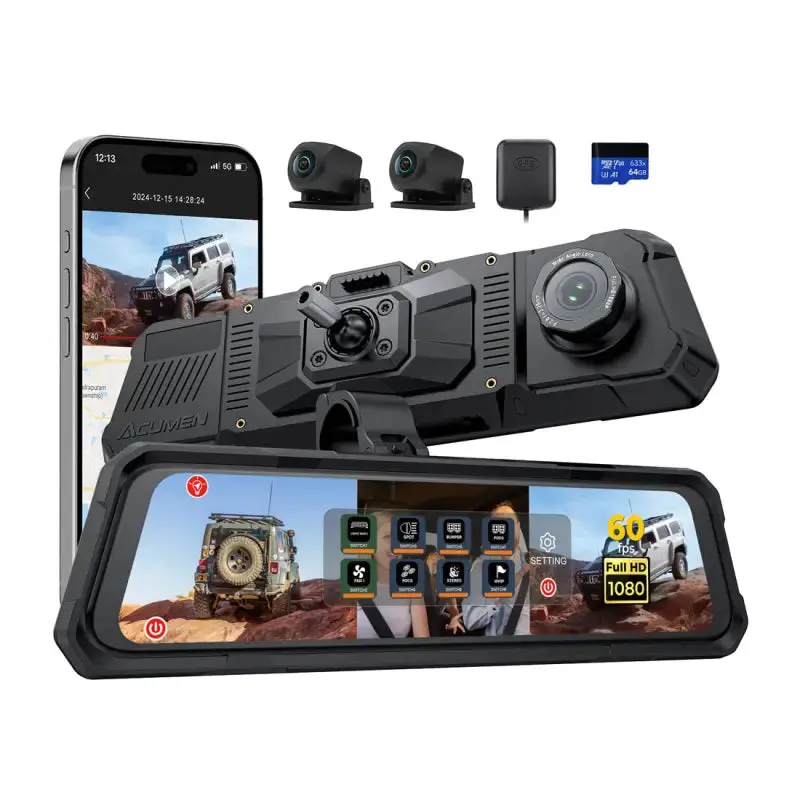 The Legend 3Ch Waterproof Rear View Mirror Dash Cam With 1080P 60Fps Front+ Rear+ Bumper/Cabin Cameras 1