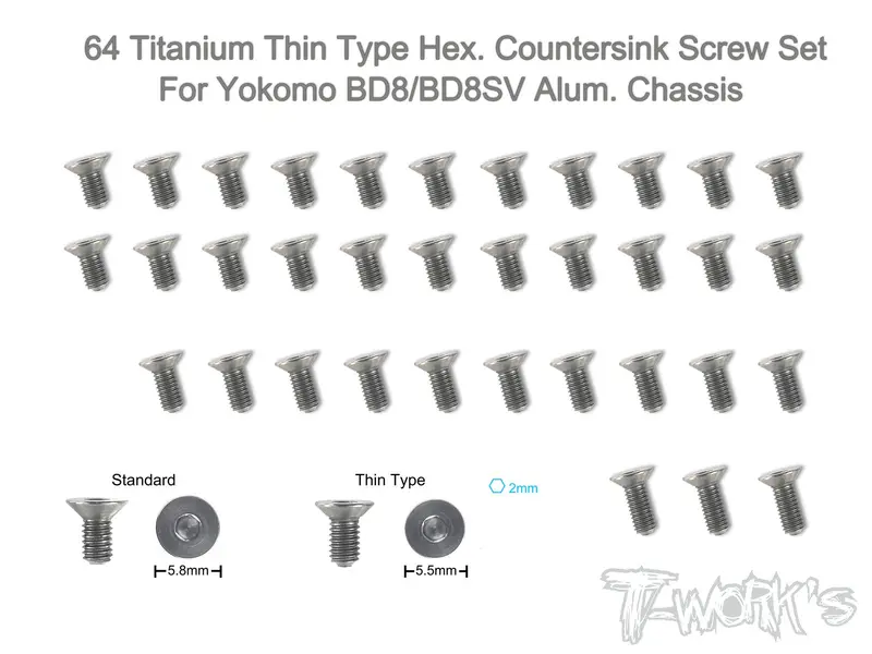 Tss-Bd8-Tc 64 Titanium Thin Type Hex. Countersink Screw Set ( For Yokomo Bd8/Bd8sv Alum. Chassis  ) 1