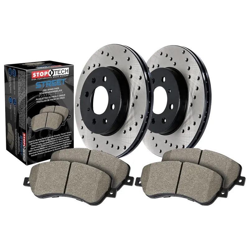 Stoptech 939.34094 Street Performance Front Brake Kit – Drilled Rotors And Calipers 1